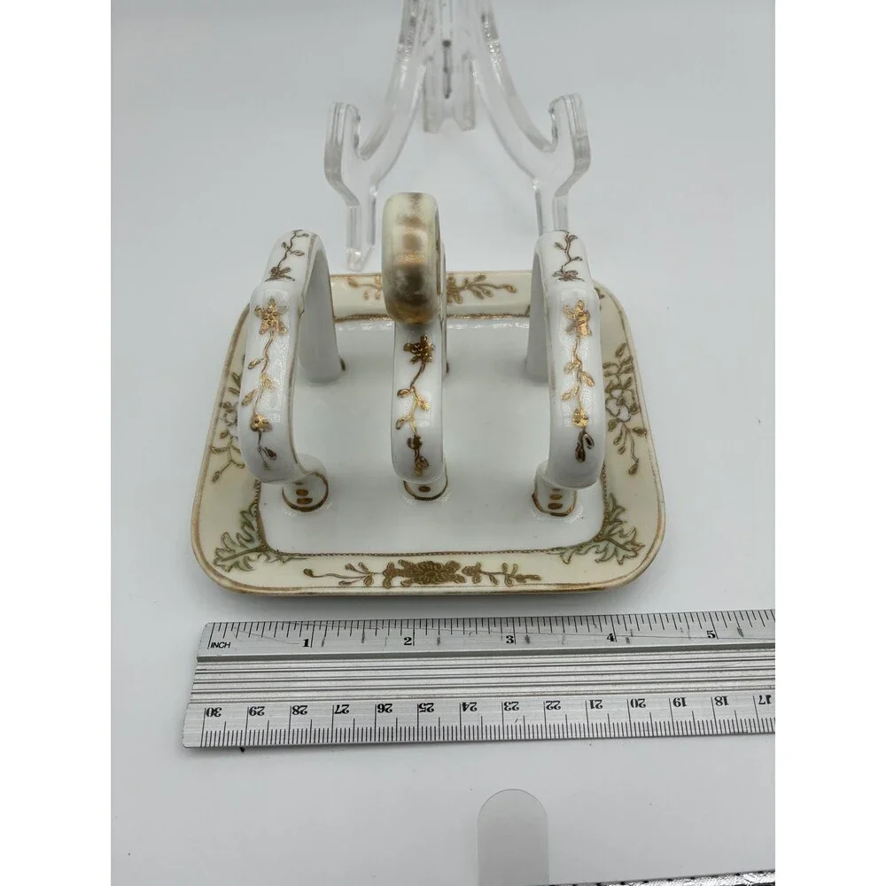 Antique Nippon Hand Painted Toast Rack Holder White Gold Flower Bead Trim 5 in